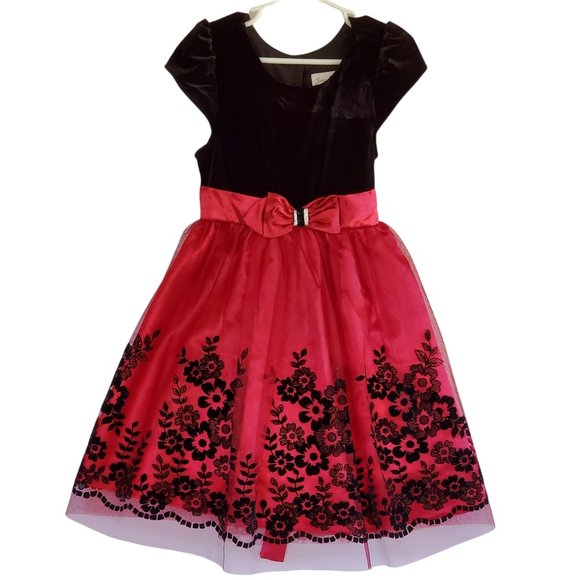 Jona Michelle Girls 5 Black Red Fancy Party Swing Dress Floral Flock Mesh Skirt - Picture 1 of 9